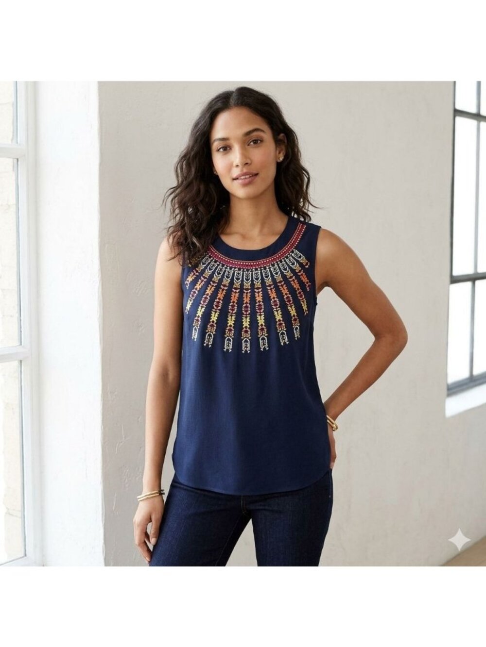 J Crew Sunburst Embroidery Tank Top Womens 00 Festival 70s Retro Beach Stretch